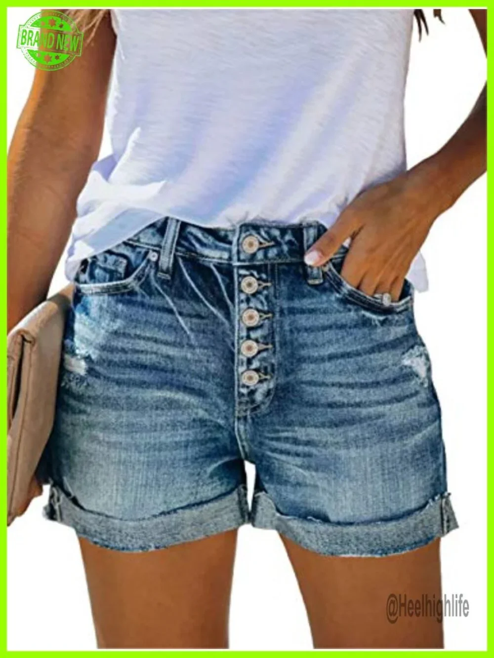 Women's Stretchy Folded Hem Ripped Denim Shorts Mid Rise Jean Shorts